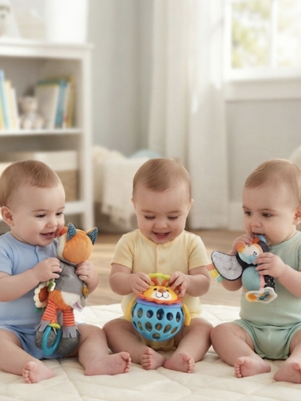 3pc Baby Sensory Toy Bundle Infantino Lion Ball Puffin Fox Crinkle Rattle Set